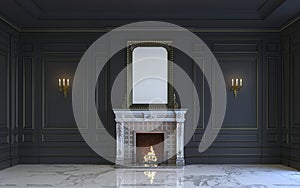 A classic interior is in dark tones with fireplace. 3d rendering.