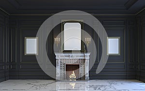 A classic interior is in dark tones with fireplace. 3d rendering.