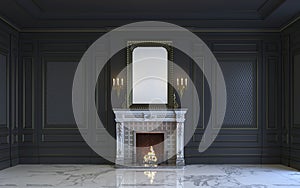 A classic interior is in dark tones with fireplace. 3d rendering.