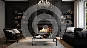 Classic interior design of modern living room with fireplace and black leather sofa