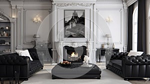 Classic interior design of modern living room with fireplace and black leather sofa