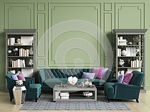 Classic interior in green colors with copy space