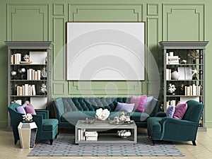 Classic interior in green colors with copy space