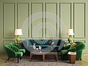 Classic interior in green colors. Sofa,chairs,sidetables with lamps,table with decor.Olive walls with mouldings