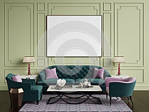 Classic interior in green and pink colors.Sofa,chairs,sidetables with lamps,table with decor.Olive color walls with