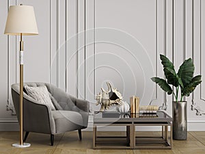 Classic interior with grey armchairs and floor lamp