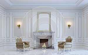 A classic interior is in light tones with fireplace . 3d rendering.