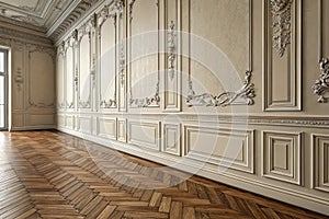Classic interior with mouldings and herringbone floor 3D render