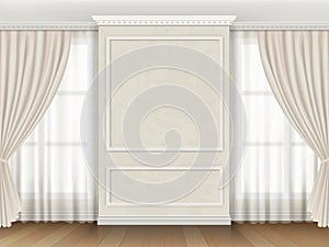 Classic interior with panel moldings and windows curtains