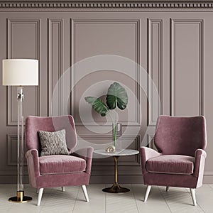 Classic interior with pink armchair and floor lamp