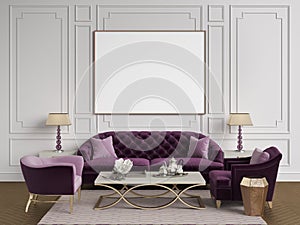Classic interior in purple,pink and goldcolors.Sofa,chairs,sidetables with lamps,table with decor.White color walls with moulding