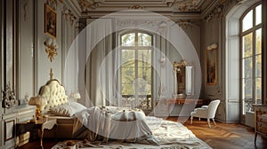 Classic interior of royal bedroom with white walls and floor. 3d render.