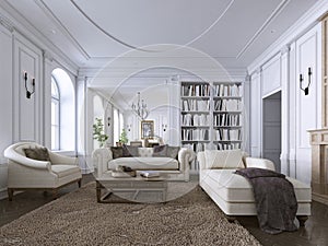 Classic interior. Sofa, chairs, sidetables with lamps,table with decor. White walls with mouldings. Floor parquet herringbone,rug