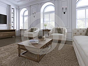 Classic interior. Sofa, chairs, sidetables with lamps,table with decor. White walls with mouldings. Floor parquet herringbone,rug