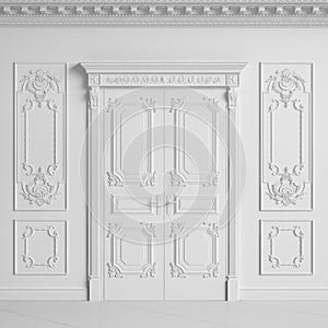 Classic interior wall with cornice and moldings.Doors with decor