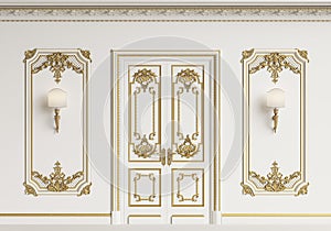 Classic interior wall. Moldings,ornated cornice,door