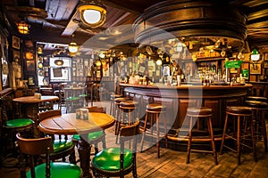 Classic Irish pub interior, cozy wooden bar with vintage decor.