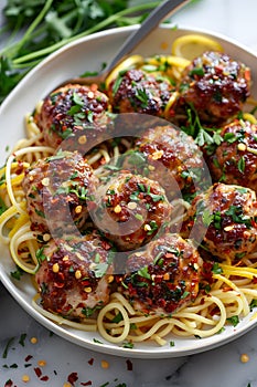 A classic Italian dish featuring spaghetti and meatballs on a white plate