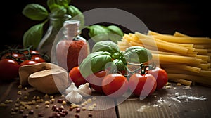 Classic Italian Food Ingredients on Wood Background