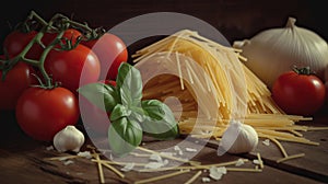 Classic Italian Food Ingredients on Wood Background