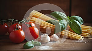 Classic Italian Food Ingredients on Wood Background