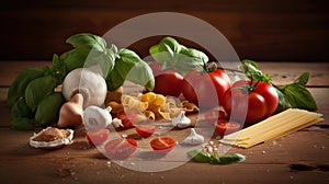 Classic Italian Food Ingredients on Wood Background