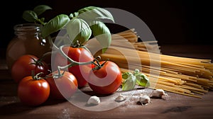 Classic Italian Food Ingredients on Wood Background