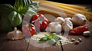 Classic Italian Food Ingredients on Wood Background