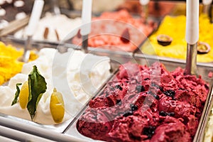 Classic italian gourmet gelato gelatto ice cream display in shop