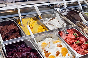 Classic italian gourmet gelato gelatto ice cream display in shop