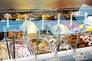 Classic italian gourmet gelato gelatto ice cream display in shop