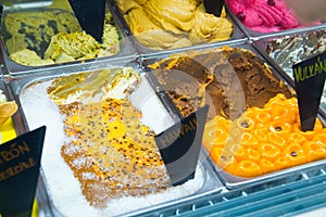 Classic italian gourmet gelato gelatto ice cream display in shop. Bratislava,Slovakia