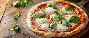 Classic Italian Pizza With Melted Mozzarella And Fragrant Basil Leaves