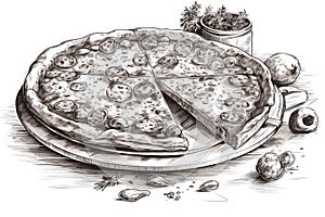 Classic Italian pizza, pencil drawing. Generative ai