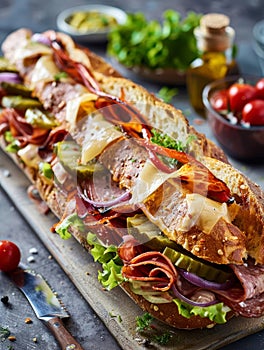 A classic Italian-style hoagie overflowing with an assortment of savory cured meats, melted cheese, and fresh vegetables photo