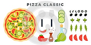 Classic Italian vegetarian pizza and all ingredients for cooking it. Make your pizza. Set of products and tools for