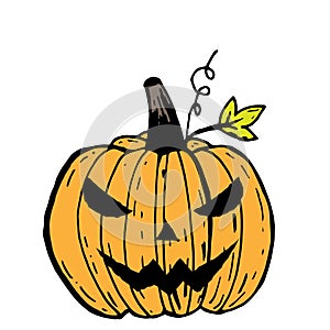 Classic Jack o`lantern Halloween pumpkin with scary face, hand drawn vector illustration isolated on white background