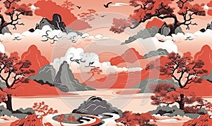 Classic japanese landscape. mountain, fuji, sakura, pagoda, water. Oriental natural background. For banner, postcard, book