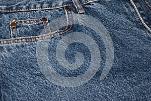 Classic jeans with five pockets close-up. blank for design. free space for your logo and text. Rough blue textured denim.  trendy
