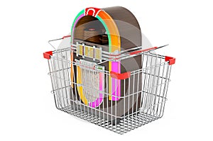 Classic jukebox inside shopping basket, 3D rendering