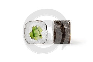 Classic kappa maki sushi rolls with cucumbers on white photo