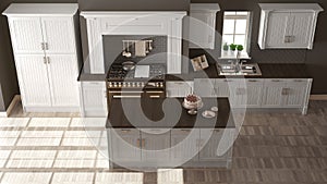 Classic kitchen, elegant interior design with wooden details