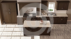 Classic kitchen, elegant interior design with wooden details, to