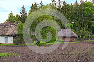 Classic landscape view of Ukrainian small ancient clay house with a garden surrounded by a wicker
