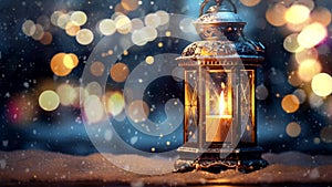 Classic lantern with candle in winter scenery. Animated flame and snow. One minute loop animation. 2k