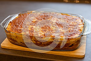 Classic Lasagna with bolognese sauce in a baking dish