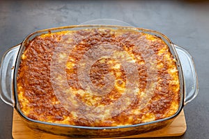 Classic Lasagna with bolognese sauce in a baking dish