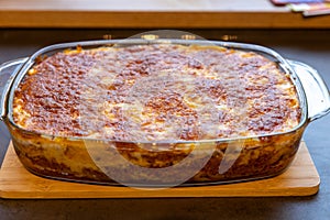 Classic Lasagna with bolognese sauce in a baking dish