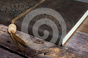 Classic Leather Bound Journal Book on a Old Barn Board Floor Close Up