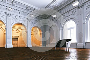 Classic leather sofa in big luxurious mansion. Perspective view.